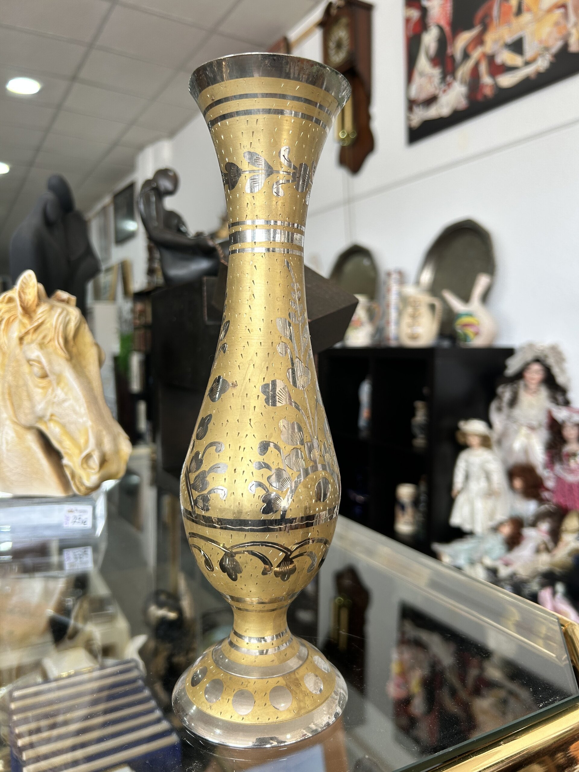 Jarrón vintage de latón esmaltado y grabado - 4